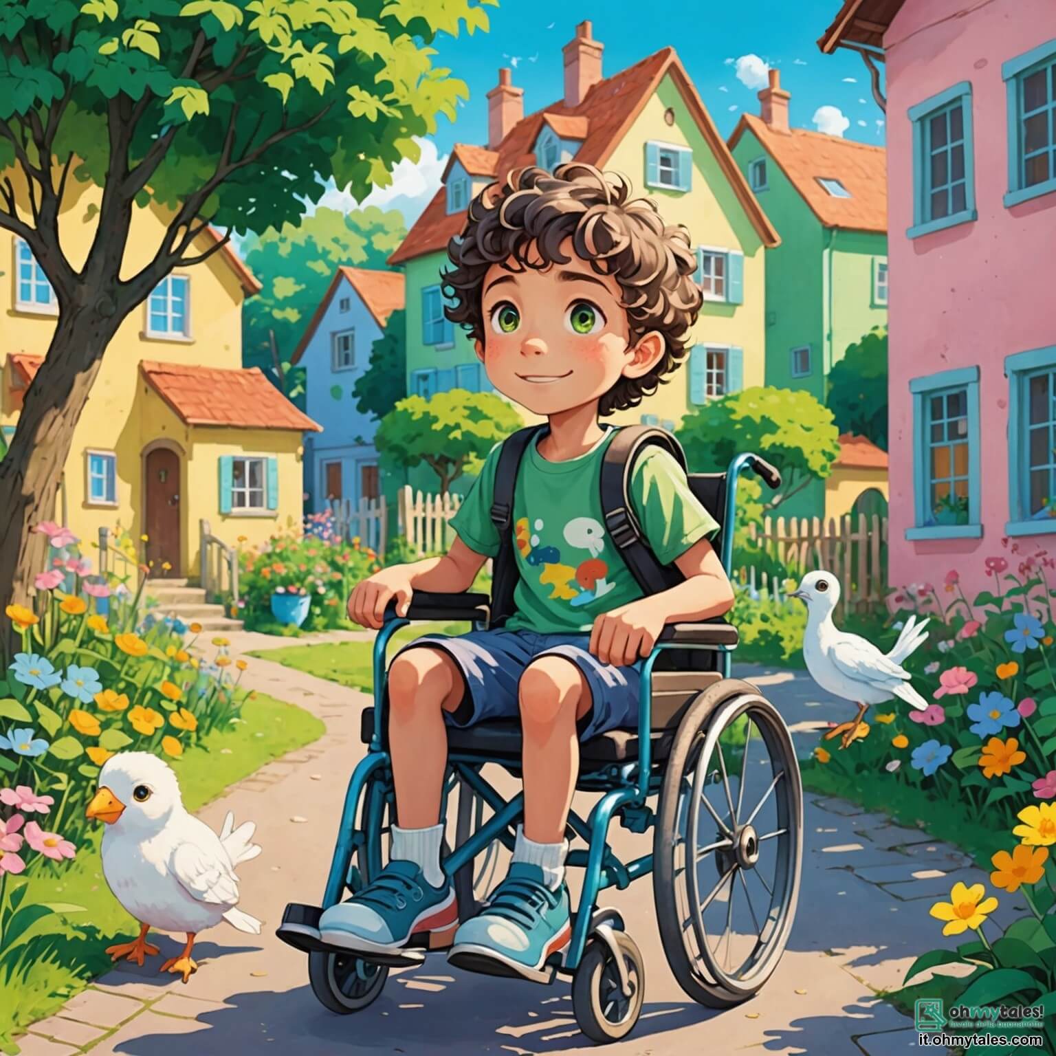 Une illustration destinée aux enfants représentant un garçon aux yeux pétillants de curiosité, assis dans une chaise roulante colorée, explorant un village ensoleillé aux maisons pastel entourées de jardins fleuris, où il rêve de devenir un protecteur des océans avec l'aide de sa meilleure amie, une fille aux cheveux bouclés qui adore dessiner, tandis que les oiseaux chantent joyeusement dans les arbres verdoyants.