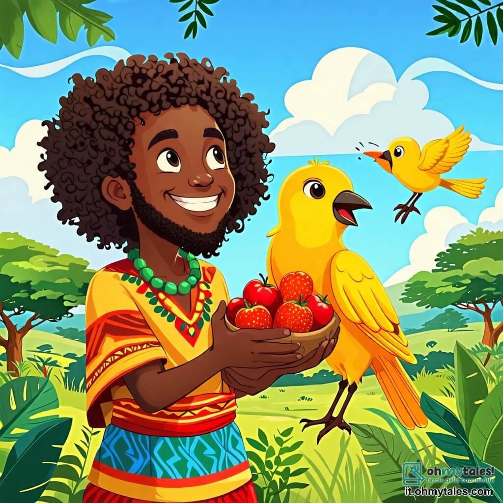 Une illustration sous forme de dessin destinée aux enfants représentant un vaste paysage de savane africaine, avec des arbres verdoyants et un ciel bleu éclatant, où un homme au teint chaleureux et aux cheveux crépus, vêtu d'une tunique colorée, sourit en tenant des fruits dans ses mains, tandis qu'un petit oiseau jaune aux plumes brillantes chante joyeusement à ses côtés, illustrant leur amitié et leur bonheur partagé après une journée de cueillette ensemble.