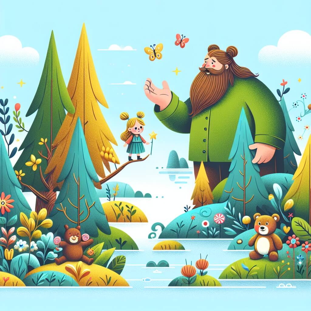 Une illustration destinée aux enfants représentant un géant bienveillant découvrant une île magique avec l'aide d'une petite fille et son ami peluche, entourés d'une forêt enchantée aux arbres immenses et aux fleurs colorées, tout en explorant les mystères de cet endroit fantastique.