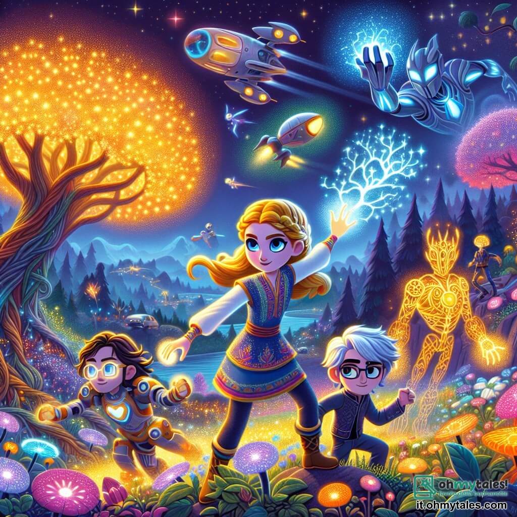Une illustration sous forme de dessin destinée aux enfants représentant un paysage féerique de la planète Lumina, avec des arbres luminescents aux couleurs éclatantes et des véhicules volants dans un ciel étoilé ; au premier plan, une jeune fille aux longs cheveux dorés et aux yeux bleus, vêtue d'une tunique colorée, qui utilise ses pouvoirs pour faire grandir des plantes lumineuses autour d'elle, tandis qu'à ses côtés, un garçon aux lunettes et un robot brillant, ainsi qu'une jeune fille aux cheveux argentés manipulant des éclairs, se préparent à affronter une silhouette sombre menaçante, symbolisant Lord Tenebris, qui émerge d'une ombre inquiétante, créant une atmosphère de courage et d'amitié dans un moment décisif de leur aventure.