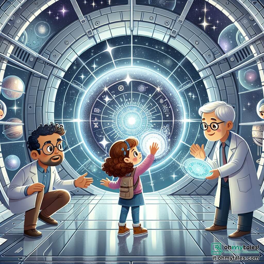 Une illustration sous forme de dessin destinée aux enfants représentant une stazione spaziale futuristica, con pareti metalliche lucenti e finestre che mostrano un cielo stellato, al centro una ragazza di 11 anni con capelli ricci e occhi curiosi, intenta a esplorare un disco luccicante con simboli misteriosi, mentre intorno a lei ci sono due scienziati adulti, uno con occhiali e lab coat e l'altro con un casco spaziale, che osservano con meraviglia e interesse, il tutto immerso in un'atmosfera di scoperta e amicizia interstellare.
