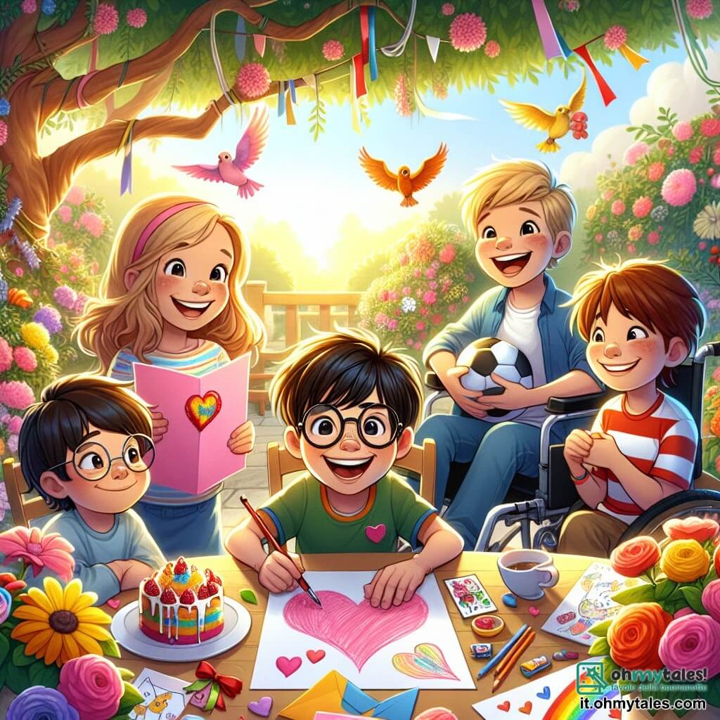 Illustrazione che rappresenta un giardino soleggiato, pieno di fiori colorati e un grande albero con rami estesi. Al centro, un gruppo di quattro bambini si riunisce attorno a un tavolo decorato con dolcetti e biglietti fatti a mano. Un ragazzo di otto anni, con capelli castani e occhiali, sorride gioiosamente tenendo un grande biglietto rosa. Accanto a lui, una ragazza di otto anni, con capelli biondi e occhiali a forma di cuore, disegna un cuore su un foglio colorato. Un altro ragazzo, di nove anni, con capelli neri e un grande sorriso, tiene un pallone da calcio, mentre un ragazzo in sedia a rotelle, con capelli castani e un sorriso splendente, mostra un biglietto dove ha disegnato un supereroe. Tutti i bambini stanno preparando una sorpresa per le loro mamme, con espressioni di gioia ed eccitazione sui volti. Sullo sfondo, uccelli colorati cantano sugli alberi, aggiungendo un tocco di magia a questa scena festiva.