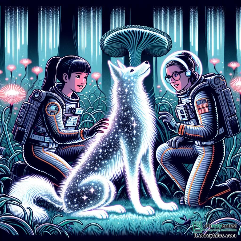 Une illustration sous forme de dessin destinée aux enfants représentant une forêt extraterrestre lumineuse sur le planète Proxima b, où une astronaute femme aux cheveux noirs en queue de cheval, vêtue d'une combinaison spatiale argentée, s'accroupit pour caresser un loup alien à la fourrure scintillante, tandis qu'un homme au regard curieux et une femme aux lunettes d'analyse observent avec émerveillement des plantes luminescentes autour d'eux, capturant l'instant magique de leur première rencontre avec une forme de vie extraterrestre.