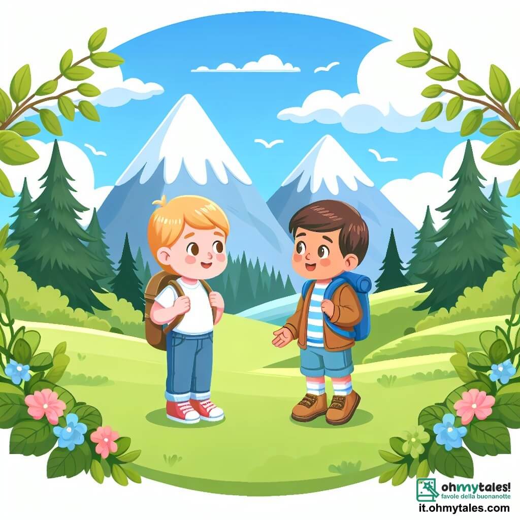 Une illustration destinée aux enfants représentant un garçon curieux et ouvert d'esprit, faisant la rencontre d'un garçon venu d'un pays lointain, dans un parc verdoyant entouré de montagnes enneigées et de forets luxuriantes.