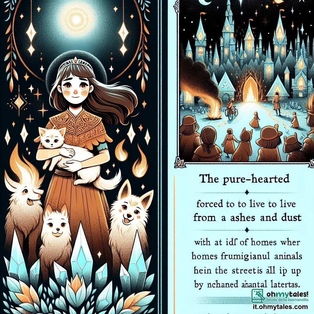 Une illustration destinée aux enfants représentant une jeune fille au cœur pur, contrainte de vivre parmi les cendres et les poussières, aidée par un groupe d'animaux fidèles, dans un royaume étincelant où les maisons sont construites en cristaux lumineux et les rues sont illuminées par des lanternes enchantées.