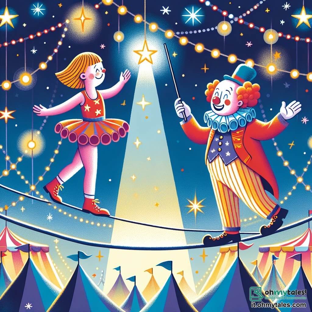 Une illustration destinée aux enfants représentant une petite funambule, une situation de découverte nocturne avec un clown rigolo, dans un cirque aux tentes chatoyantes et aux lumières scintillantes.