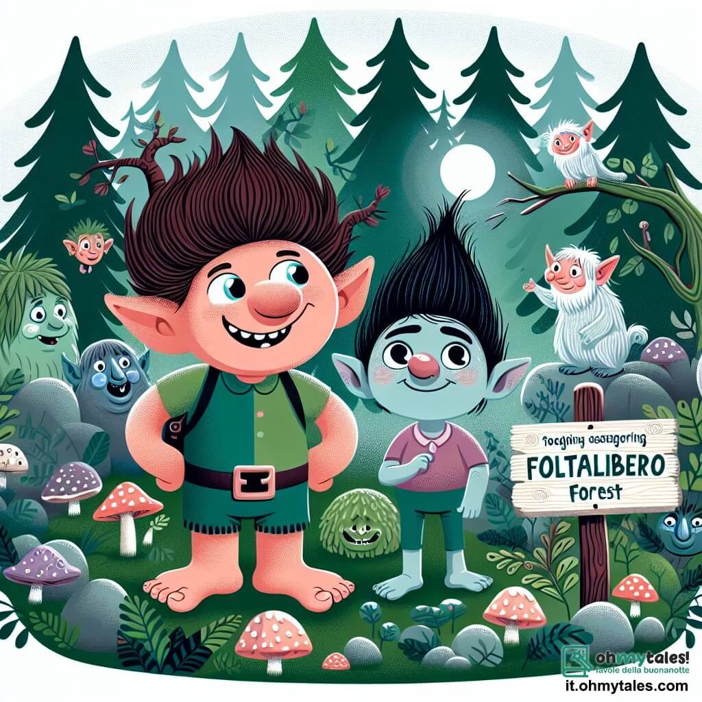 Une illustration destinée aux enfants représentant un troll garçon rigolo et un elfe garçon curieux explorant ensemble la forêt incantée de Foltalbero, peuplée de créatures extraordinaires.