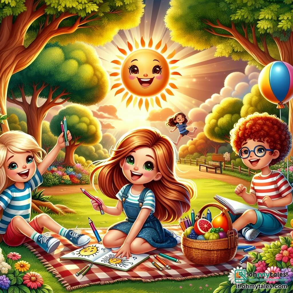Illustration destinée aux enfants représentant un parc verdoyant baigné par la lumière dorée du soleil couchant, avec des arbres majestueux aux feuilles éclatantes et des fleurs colorées qui dansent au gré du vent. Au premier plan, une fille de 9 ans aux longs cheveux châtains, vêtue d'une t-shirt rose et de pantalons confortables, est assise sur une couverture à carreaux, souriant joyeusement tout en tenant des crayons de couleur, prête à dessiner. À ses côtés, deux amis : un garçon aux cheveux blonds, portant un short bleu et un t-shirt à rayures, qui lance une balle en l'air avec enthousiasme, et une fille aux cheveux bouclés et lunettes, concentrée sur son dessin d'un grand soleil souriant. La scène capture l'essence de l'amitié et de la créativité, avec un panier de pique-nique rempli de fruits et de sandwichs à leurs pieds, symbolisant un moment de partage et de joie loin des écrans.