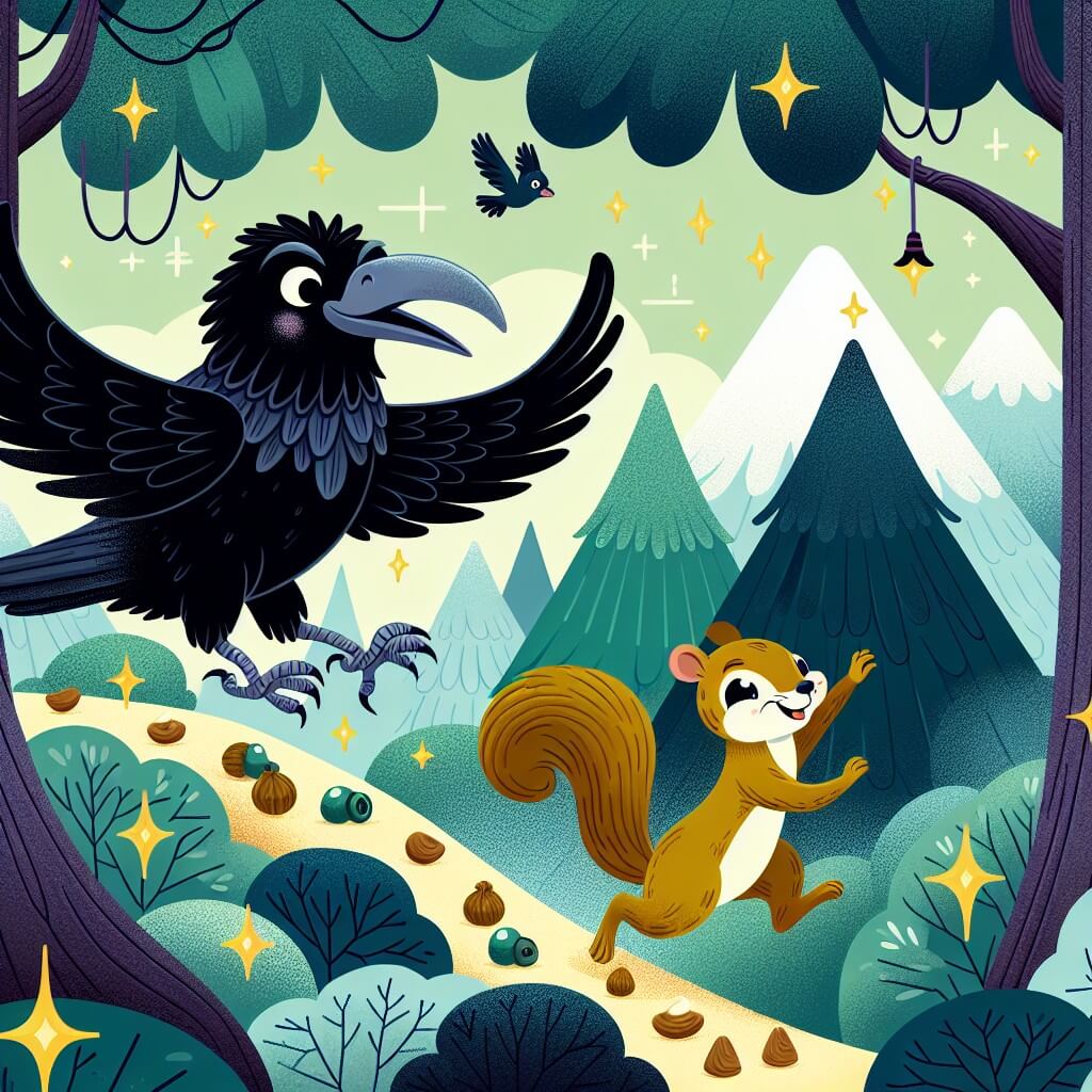 Une illustration destinée aux enfants représentant un corbeau malicieux qui se trouve dans une forêt enchantée, accompagné d'un écureuil espiègle, où ils se lancent dans une course folle à travers les arbres pour atteindre une montagne de noix brillantes.