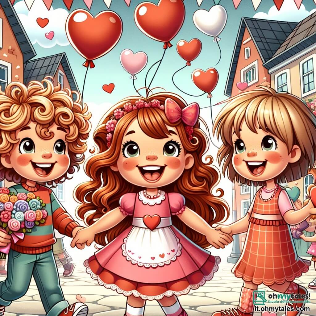 Une illustration sous forme de dessin destinée aux enfants représentant une joyeuse scène de la fête de la Saint-Valentin dans la piazza d'un petit village, où un groupe de trois enfants de 7 ans, deux garçons aux cheveux bouclés et un sourire éclatant, et une fille aux longs cheveux blonds et une robe rose, se tiennent ensemble, riant et tenant des cœurs en papier colorés, tandis qu'en arrière-plan, des ballons rouges et blancs flottent dans l'air et des amis s'amusent à deviner l'identité d'un mystérieux admirateur secret, créant une atmosphère festive et chaleureuse.