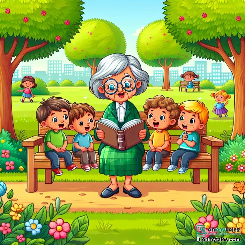 Une illustration sous forme de dessin destinée aux enfants représentant un parc ensoleillé, avec des arbres verdoyants et des fleurs colorées, où une femme âgée aux cheveux gris et aux yeux azur, assise sur un banc, raconte des histoires de paix et d'amitié à un groupe de trois enfants : un garçon aux cheveux bruns et aux lunettes, une fille aux cheveux blonds et bouclés, et un garçon plus petit avec des taches de rousseur, tous captivés par ses paroles, symbolisant l'importance de l'unité et de la compréhension dans un monde marqué par la guerre.