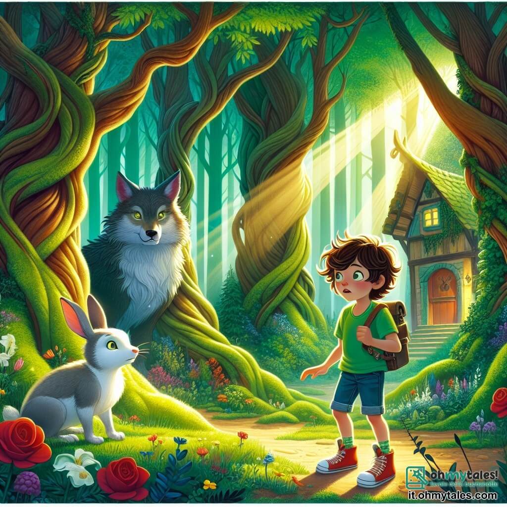 Illustrazione che rappresenta una scena magica in una foresta densa e colorata, dove grandi alberi dai tronchi nodosi si ergono verso il cielo, le cui foglie verdi formano un soffitto naturale. I raggi di sole filtrano tra i rami, illuminando il terreno coperto di fiori selvatici e muschio morbido. Al centro dell'immagine, un ragazzo di 11 anni, con capelli castani disordinati e occhi brillanti di curiosità, si trova coraggiosamente davanti a una piccola casa di legno. Indossa una maglietta verde vivace e pantaloni corti di jeans, con uno zainetto pieno di provviste sulla spalla. La sua espressione è determinata, pronto ad affrontare l'ignoto. Accanto a lui, un coniglio bianco dagli occhi rotondi e brillanti, che sembra preoccupato ma curioso, osserva attentamente il ragazzo. Il coniglio è seduto sulle zampe posteriori, pronto a saltare se necessario. La situazione principale mostra il ragazzo che si prepara a bussare alla porta della casa del grande cattivo lupo, con una mano alzata, mentre il lupo, maestoso e imponente, appare nell'ombra della porta, i suoi occhi gialli scintillano con una luce intrigante. L'atmosfera è sia tesa che magica, con elementi della foresta che aggiungono un tocco di mistero, come lucciole che illuminano dolcemente lo sfondo.