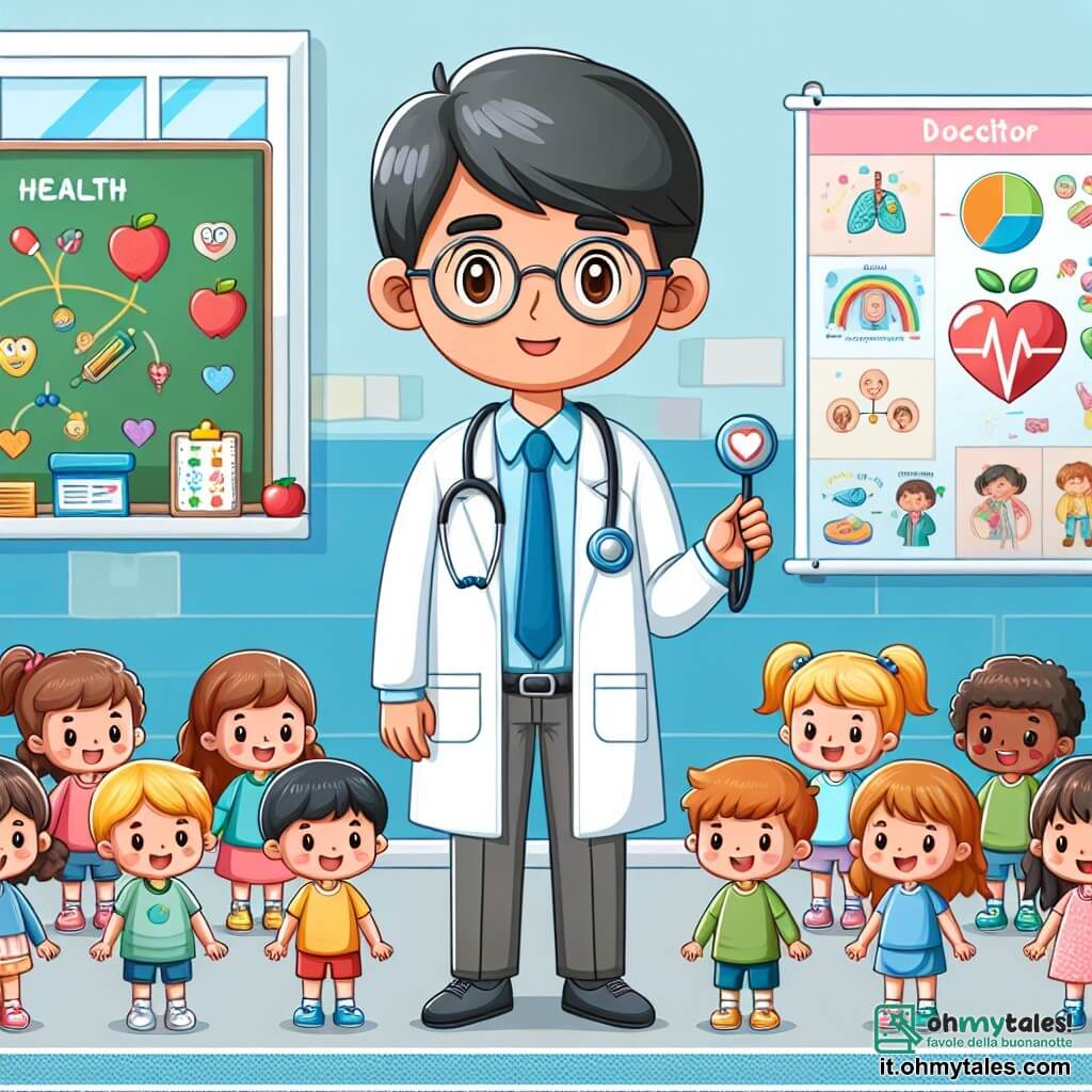 une illustration destinée aux enfants représentant un médecin bienveillant, un groupe d'enfants curieux, une salle de classe colorée avec des posters éducatifs et des dessins joyeux, où se déroule une leçon passionnante sur la santé et le bien-être.