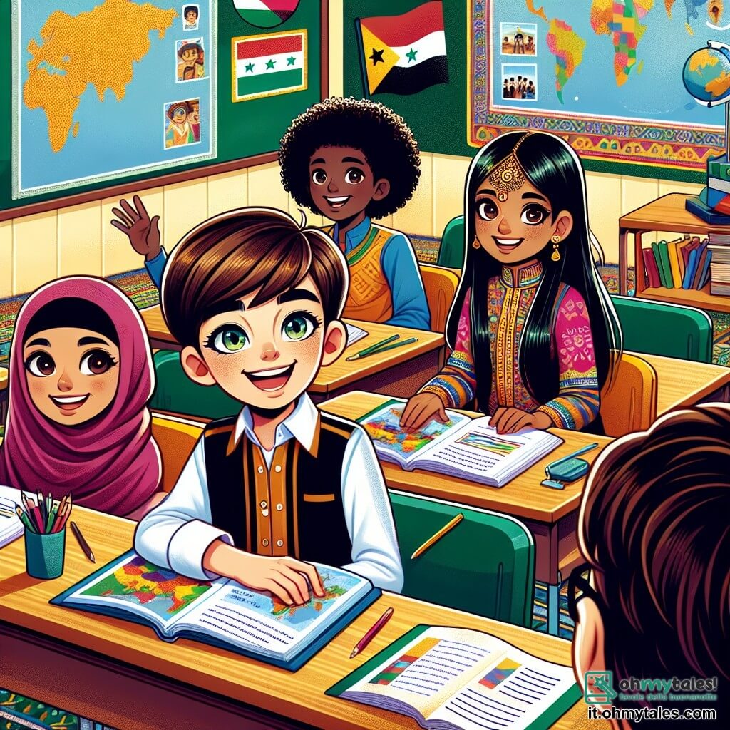 Une illustration sous forme de dessin destinée aux enfants représentant une salle de classe colorée de la "Scuola della Diversità", avec un garçon de 11 ans aux cheveux bruns et aux yeux pétillants, souriant tout en présentant un projet sur l'Afrique, entouré de ses camarades : une fille d'origine indienne avec des cheveux longs et noirs, vêtue d'une robe traditionnelle colorée, qui écoute attentivement, et un garçon d'origine syrienne, aux cheveux bouclés et à la peau olive, qui prend des notes avec enthousiasme, illustrant l'esprit d'amitié et de partage culturel au cœur de leur projet sur la diversité.