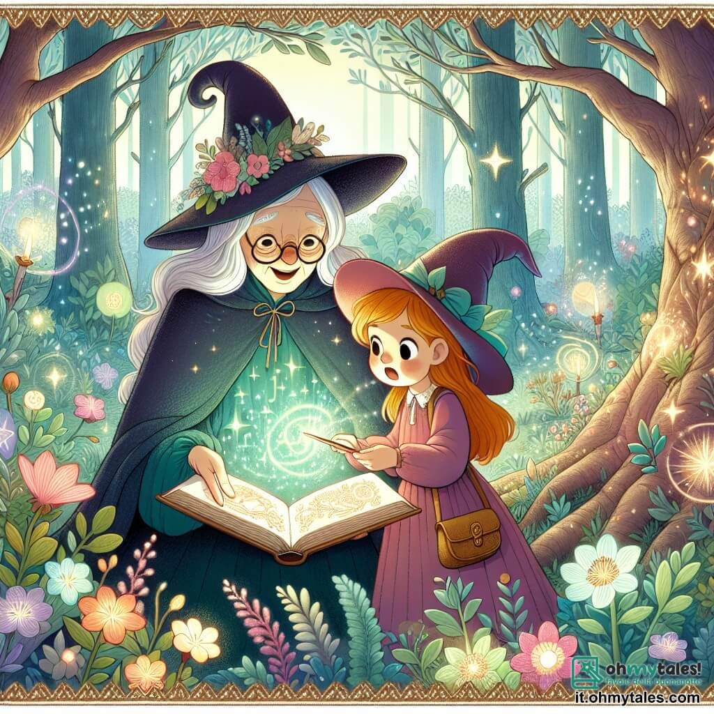 Une illustration destinée aux enfants représentant une apprentie sorcière découvrant un livre de sorts magiques dans une forêt enchantée, accompagnée d'une vieille strega sage et bienveillante, entourées de fleurs lumineuses et d'arbres parlants aux branches étincelantes, dans le royaume magique de Lumièrebrume.