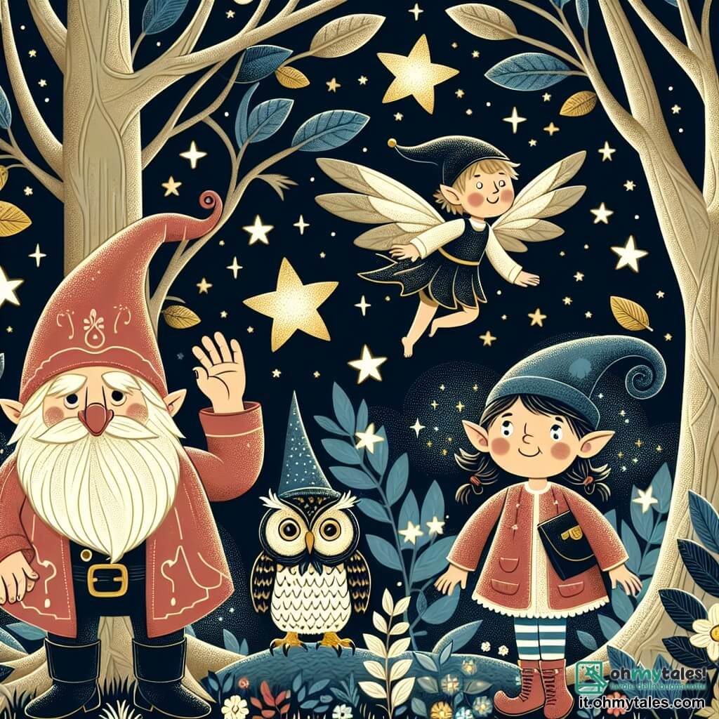 Une illustration destinée aux enfants représentant un lutin curieux, un gufo sage et une fée dansant parmi les étoiles, dans le mystérieux Bosco Incantato aux arbres aux feuilles brillantes comme des étoiles.