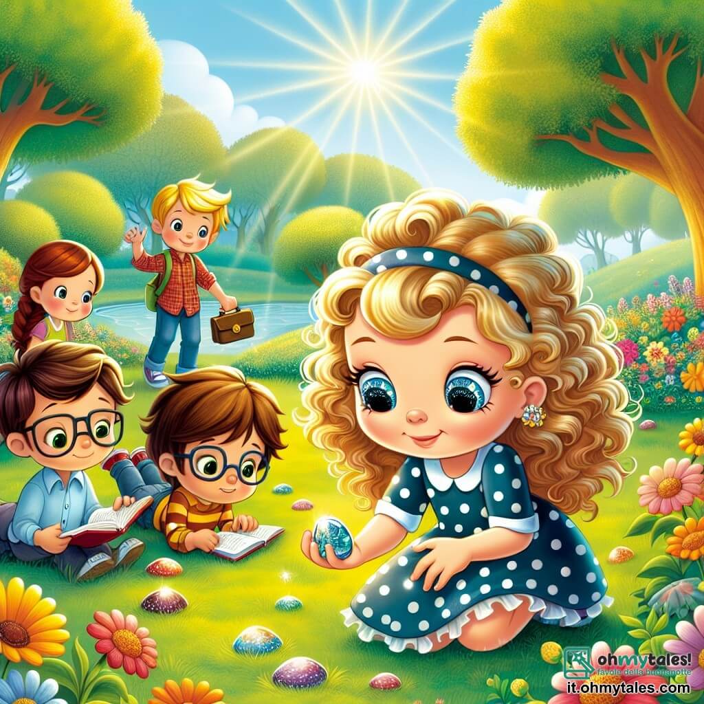 Une illustration sous forme de dessin destinée aux enfants représentant un parc ensoleillé, rempli de fleurs colorées et d'arbres majestueux, où une petite fille de 5 ans aux cheveux bouclés et aux yeux pétillants, vêtue d'une robe à pois, examine avec curiosité une pierre brillante dans l'herbe, entourée de trois amis : un garçon aux lunettes et aux cheveux bruns qui regarde avec émerveillement, une fille aux cheveux longs tressés qui prend des notes sur un petit carnet, et un garçon aux cheveux blonds qui pointe une carte mystérieuse, tous unis dans leur quête pour résoudre le mystère des pierres colorées.