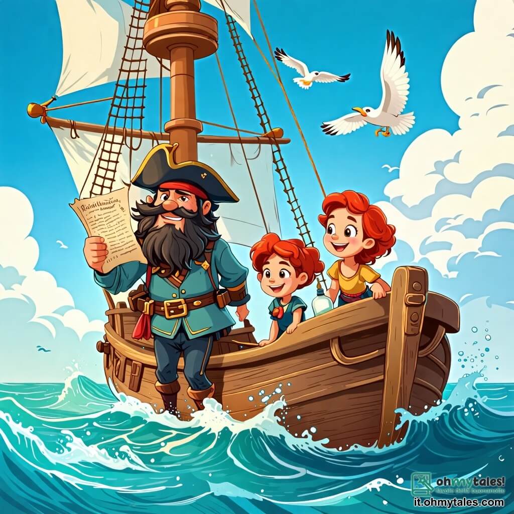 Une illustration sous forme de dessin destinée aux enfants représentant un vascello pirate naviguant sur des eaux turquoise, avec un homme au grand cœur, à la barbe noire et aux yeux pétillants, debout sur la proue en tenant une carte au trésor, tandis qu'une jeune fille aux cheveux rouges, souriante et pleine d'énergie, examine une bouteille échouée sur le pont, et un jeune garçon curieux aux cheveux bruns, observant avec émerveillement la mer, alors qu'ils se préparent à découvrir un mystérieux trésor perdu, entourés de vagues scintillantes et de mouettes volant au-dessus d'eux.