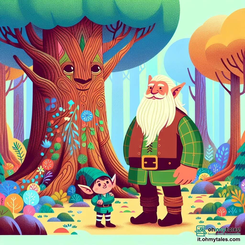 Une illustration destinée aux enfants représentant un petit géant curieux se tenant au pied d'un arbre millénaire, accompagné d'un elfe joyeux, dans une forêt enchantée aux couleurs vives et aux arbres majestueux.