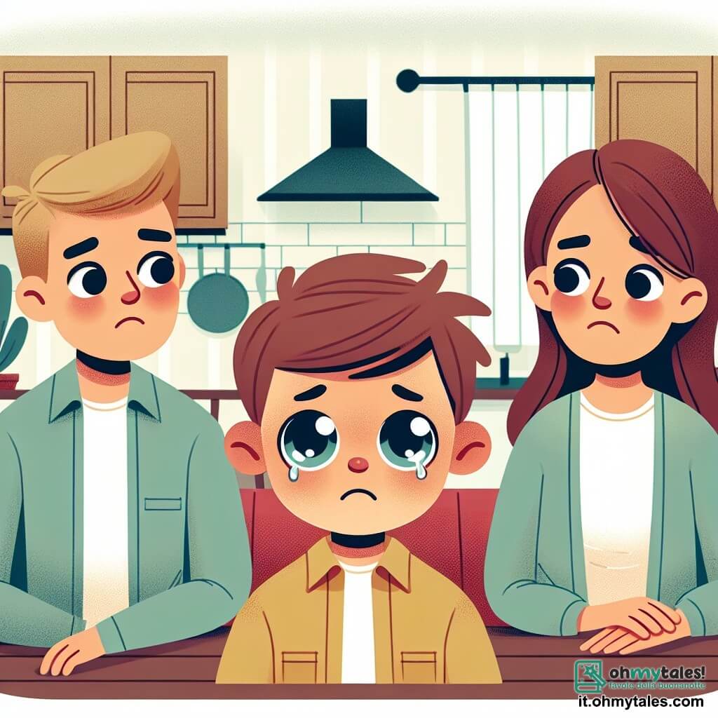 Une illustration destinée aux enfants représentant un petit garçon confus face à la séparation de ses parents, avec sa mère (femme) aux yeux rouges et son père (homme) visiblement préoccupé, assis dans une cuisine chaleureuse et accueillante.