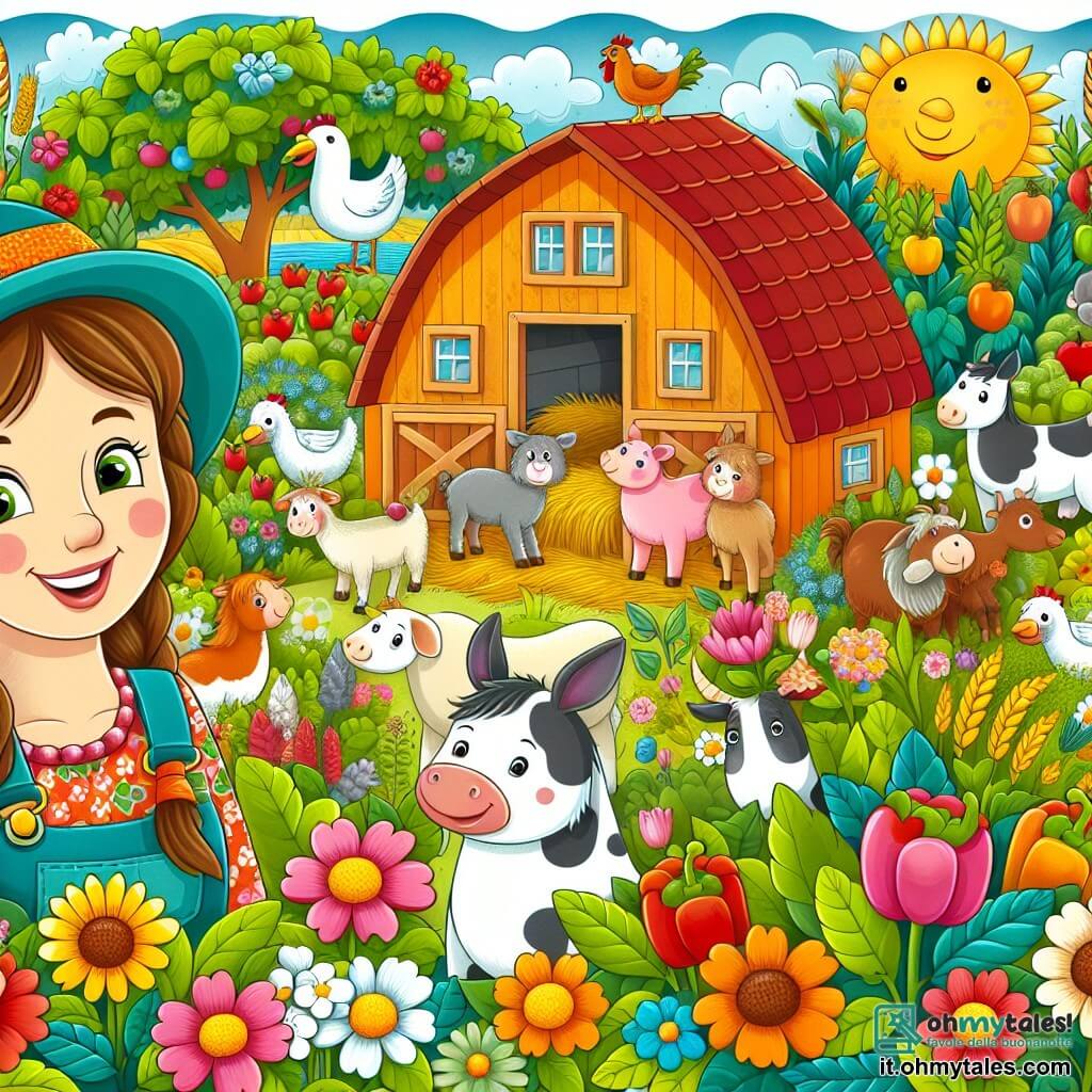 Une illustration destinée aux enfants représentant une femme agricultrice souriante, entourée de ses animaux, dans une ferme colorée et animée, où la nature foisonne de fleurs et de légumes.