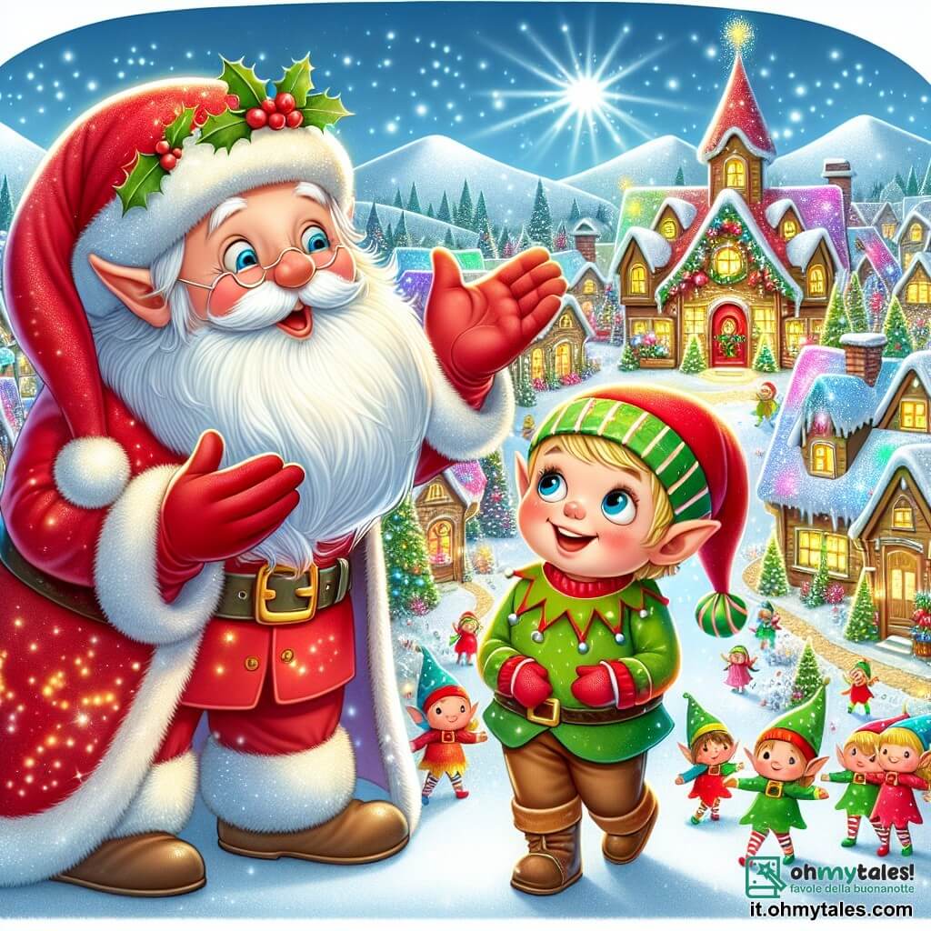 Une illustration destinée aux enfants représentant un petit garçon émerveillé par la magie de Noël, accompagné de Babbo Natale qui lui montre son village enchanté au Pôle Nord, avec des maisons colorées, des elfes joyeux et des montagnes enneigées scintillantes.