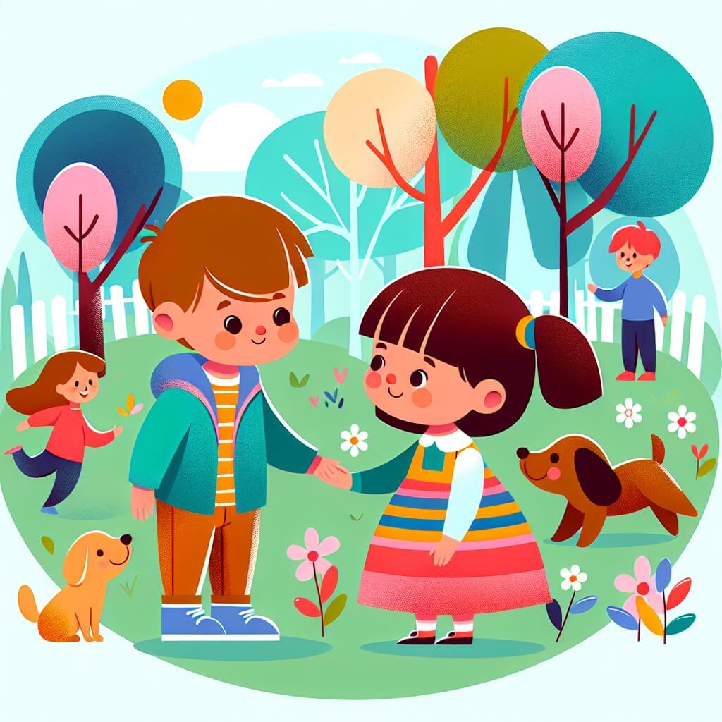 Une illustration destinée aux enfants représentant une petite fille curieuse qui fait la rencontre d'une nouvelle amie dans un parc coloré, où les arbres sont en fleurs et les enfants jouent joyeusement.