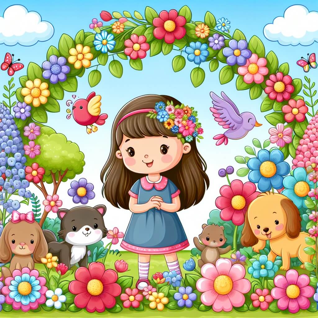 Une illustration destinée aux enfants représentant une petite fille, entourée de fleurs colorées et d'animaux joyeux, dans un magnifique jardin printanier.