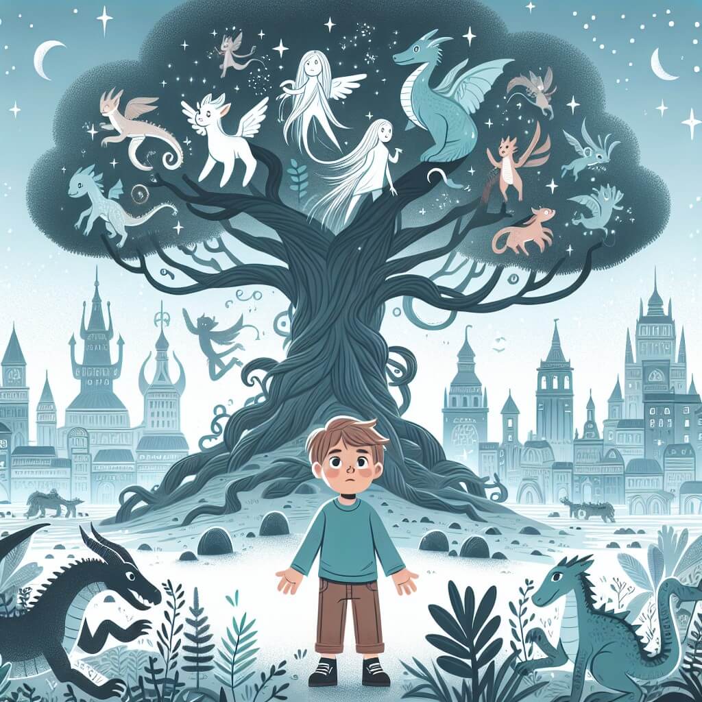 Une illustration destinée aux enfants représentant un jeune garçon curieux, se tenant devant un majestueux arbre aux branches qui touchent le ciel, découvrant un monde magique peuplé de créatures fantastiques, dans une ville enchantée où la magie et la technologie se mêlent harmonieusement.