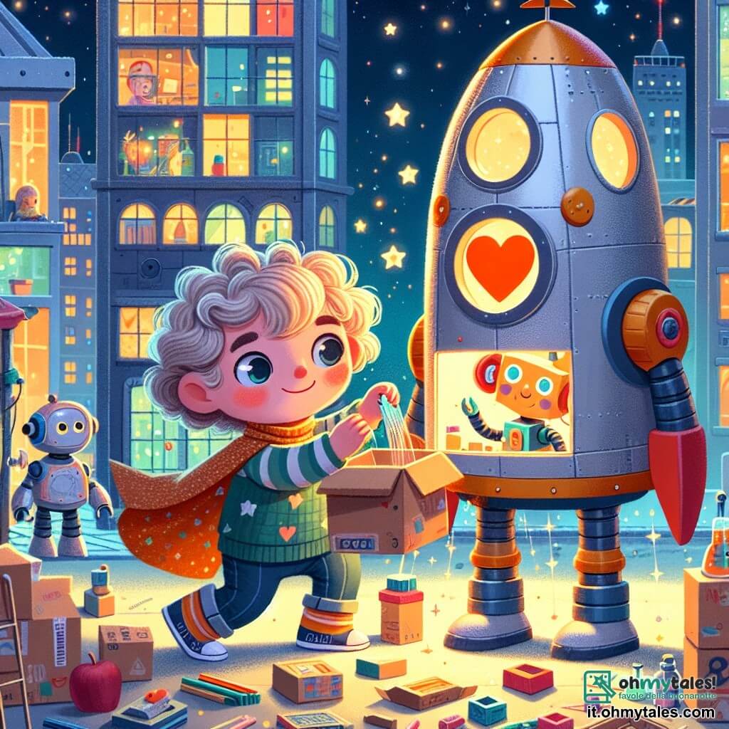Une illustration sous forme de dessin destinée aux enfants représentant une ville futuriste appelée Luminaria, où les maisons brillent comme des étoiles et les rues scintillent de couleurs vives, avec un petit garçon de 3 ans aux cheveux bouclés et aux yeux pétillants, qui construit un grand fusée en carton avec des pièces colorées, accompagné de son amie robot à forme de cœur, aux yeux lumineux et au sourire chaleureux, alors qu'ils découvrent un mystérieux bâtiment en verre et métal, symbolisant l'aventure et la curiosité qui les attendent dans leur quête de merveilles.
