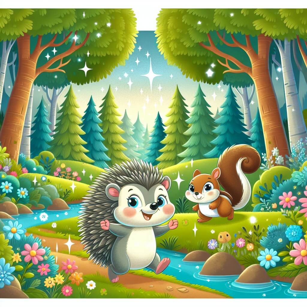 Une illustration destinée aux enfants représentant un petit hérisson aventurier, accompagné d'un joyeux écureuil, dans un magnifique bosquet enchanté rempli de grands arbres, de fleurs colorées et de ruisseaux scintillants.