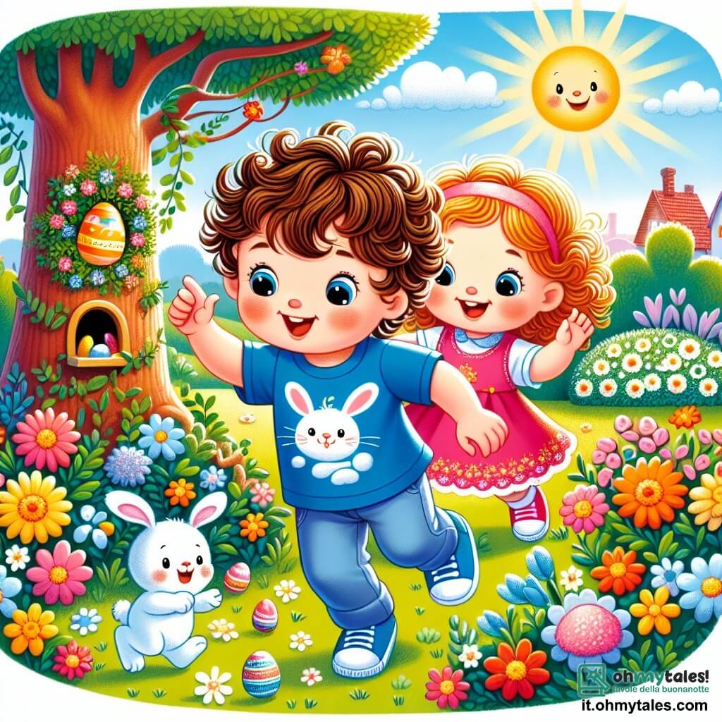 Une illustration sous forme de dessin destinée aux enfants représentant un jardin ensoleillé rempli de fleurs colorées et d'un grand arbre, où un garçon de trois ans aux cheveux bruns et bouclés, portant une t-shirt bleu avec un motif de lapin, cherche un œuf de Pâques magique avec une expression d'excitation sur son visage, tandis qu'une petite fille aux cheveux roux et ondulés, vêtue d'une robe rose, l'encourage avec un grand sourire, alors qu'un adorable lapin blanc les observe en sautillant près d'une petite porte cachée dans l'arbre, ajoutant une touche de magie à cette quête joyeuse.