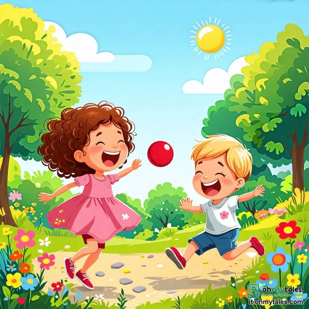 Une illustration sous forme de dessin destinée aux enfants représentant un parc ensoleillé avec des arbres verdoyants et des fleurs colorées, où une petite fille de 2 ans aux cheveux bruns et bouclés, vêtue d'une robe rose, rit en lançant une balle rouge vers un garçon de 3 ans aux cheveux blonds et courts, qui sourit en courant pour attraper la balle, illustrant ainsi un moment joyeux d'amitié et de jeu partagé entre les deux enfants.