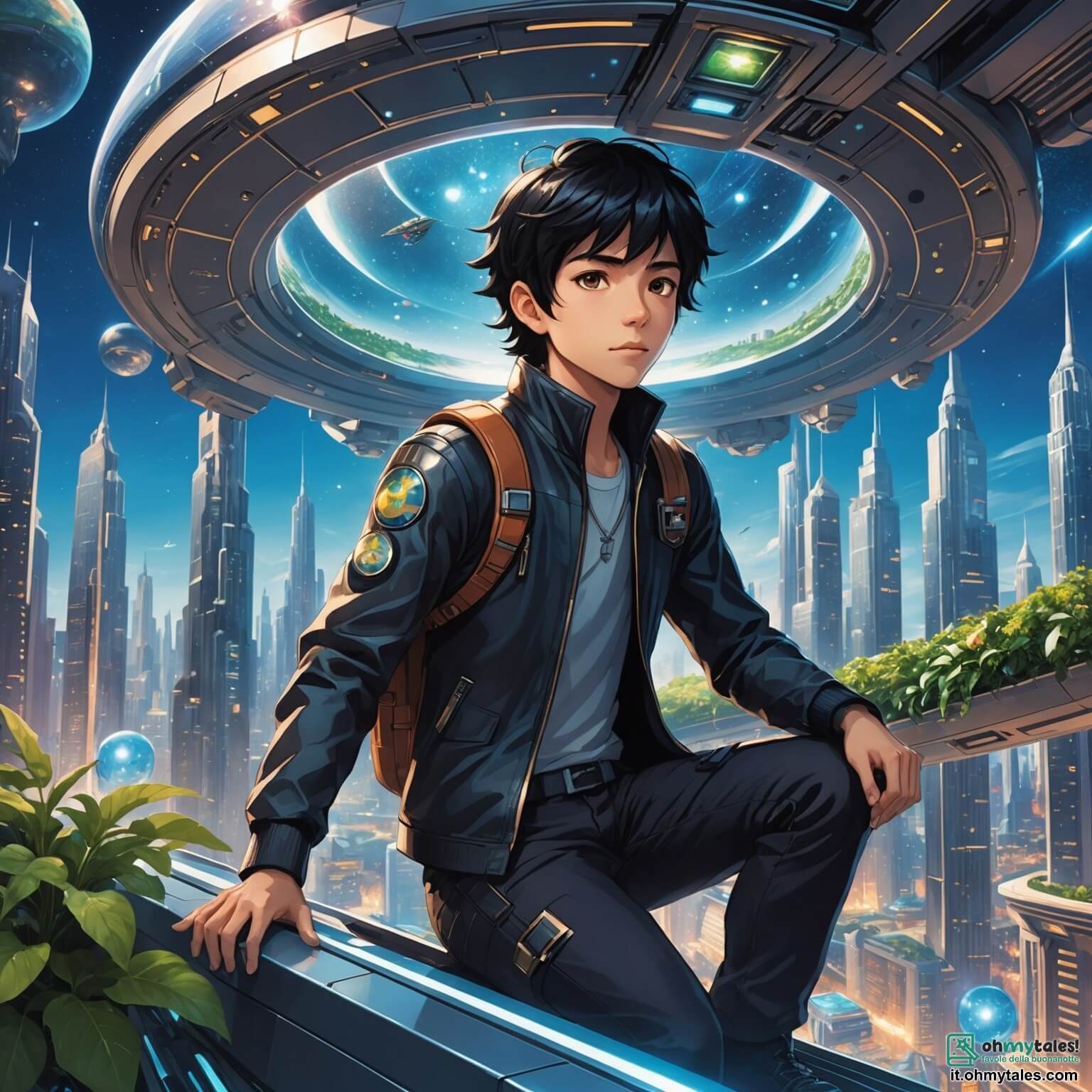 Une illustration destinée aux enfants représentant un jeune homme aux cheveux noirs comme l'ébène, les yeux pétillants de curiosité, naviguant à bord d'un vaisseau spatial scintillant, survolant un monde futuriste aux gratte-ciels étincelants et aux jardins suspendus, tandis qu'à ses côtés, une créature éthérée aux formes translucides et lumineuses, symbole d'une race extraterrestre, l'accompagne dans sa quête pour instaurer la paix entre deux factions en guerre, le tout se déroulant dans l'immensité d'un cosmos rempli d'étoiles brillantes et de planètes colorées.