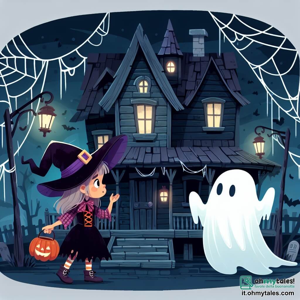 Une illustration destinée aux enfants représentant une fille en costume de sorcière se perdant dans une maison hantée, rencontrant un gentil fantôme, dans une vieille maison sombre avec des ragnateles et des lanternes.