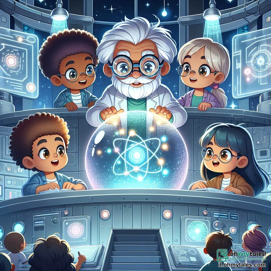 Une illustration sous forme de dessin destinée aux enfants représentant un laboratoire futuriste aux murs argentés et aux lumières scintillantes, où un groupe de quatre enfants de 7 ans, deux garçons aux cheveux bouclés et aux yeux pétillants, et deux filles aux cheveux longs et colorés, se tiennent autour d'une grande sphère d'énergie lumineuse, l'air émerveillé et concentré alors qu'ils aident un professeur âgé aux lunettes rondes et à la barbe blanche à stabiliser l'énergie, avec des écrans futuristes et des inventions flottantes en arrière-plan, créant une atmosphère magique et pleine de curiosité.