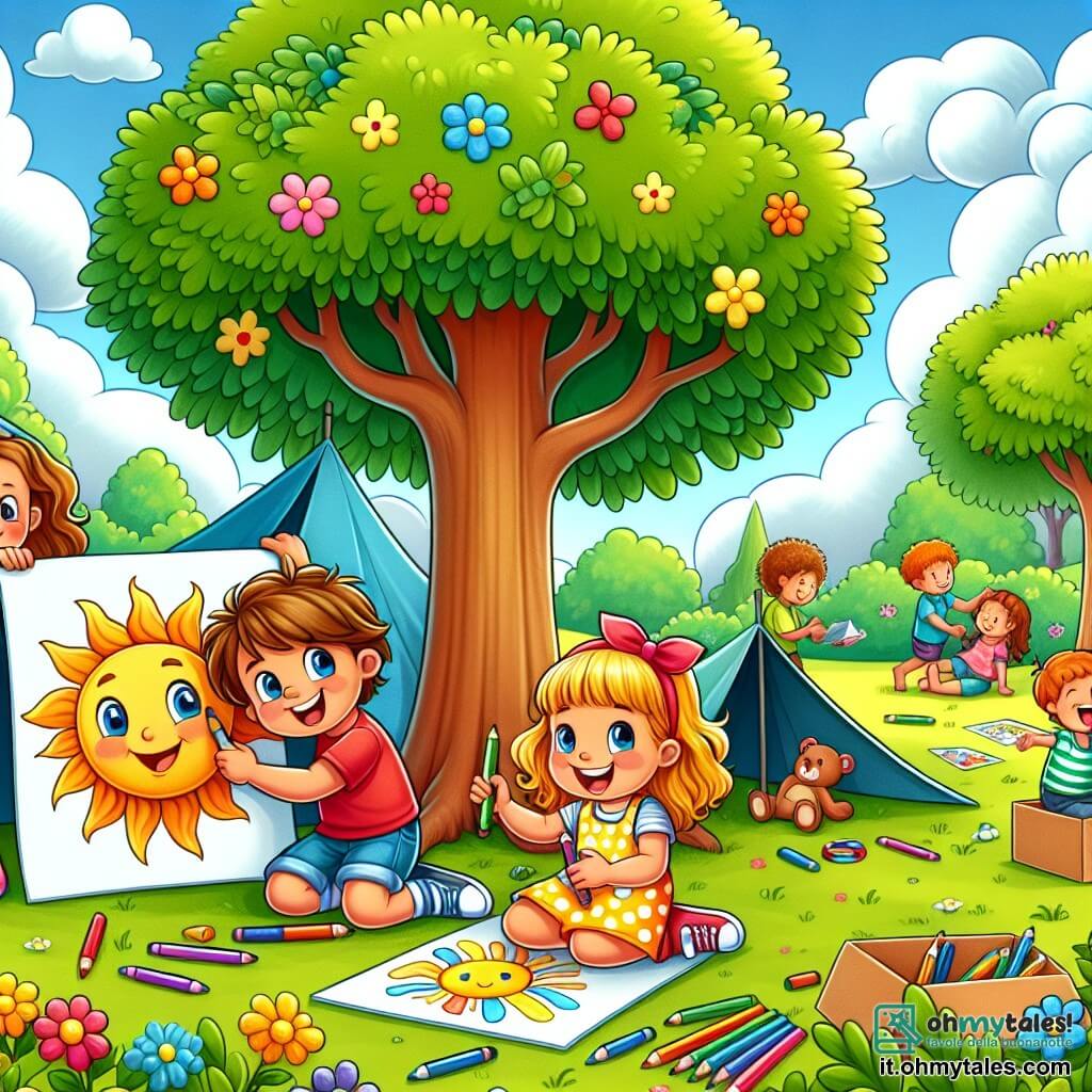 Illustrazione che rappresenta un parco soleggiato, pieno di verde brillante e fiori colorati. Al centro, un grande albero con foglie lussureggianti offre ombra a un gruppo di bambini gioiosi. Due bambini si distinguono: un ragazzo di cinque anni con capelli castani, che indossa una maglietta rossa e pantaloni corti blu, sorride tenendo un pallone da calcio. Accanto a lui, una ragazza di cinque anni con capelli biondi, vestita con un abito giallo a pois, è seduta per terra mentre colora un grande disegno di sole con pastelli colorati. La scena cattura l'istante in cui giocano insieme, circondati da risate e amicizia, mentre altri bambini si divertono a costruire un fortino con scatole e coperte. Sullo sfondo, genitori sorridenti osservano i loro figli, e un cielo blu chiaro con alcune nuvole bianche aggiunge un tocco di serenità all'insieme.