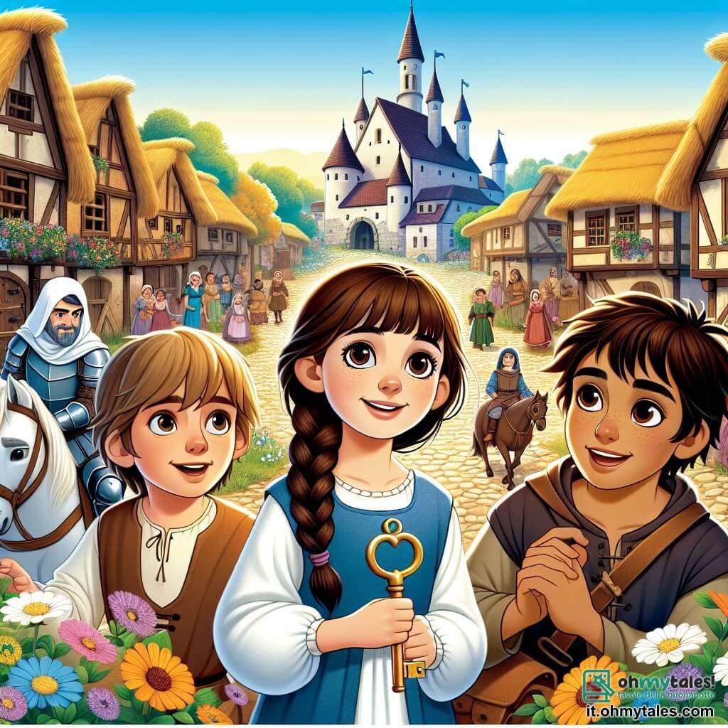 Illustrazione che rappresenta un pittoresco villaggio medievale, con case in legno dai tetti di paglia, vicoli acciottolati e fiori colorati che crescono lungo i muri. Al centro della scena, una bambina di circa 8 anni, con lunghi capelli castani intrecciati e un vestito semplice, guarda con occhi pieni di speranza. Accanto a lei, un ragazzo di 10 anni, con capelli biondi disordinati e una tunica blu, sorride tenendo in mano una chiave brillante. Un altro ragazzo, di 9 anni, con occhiali rotondi e una camicia a quadri, si piega in avanti mostrando un'aria determinata. La scena principale mostra i tre amici uniti nella loro ricerca per aiutare la bambina a ritrovare la chiave perduta della sua stalla, circondati da abitanti curiosi che li osservano con ammirazione. Sullo sfondo, un cavaliere in armatura passa a cavallo, aggiungendo un tocco d'avventura alla scena. Il cielo è di un blu splendente e il sole brilla, creando un'atmosfera gioiosa e piena di speranza.