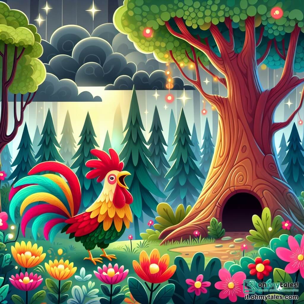 Une illustration sous forme de dessin destinée aux enfants représentant un magnifique bosco magico con alberi alti e fiori luminosi, al centro un gallo colorato con piume rosse e dorate che canta allegramente mentre si ripara sotto un grande albero con un buco nel tronco, mentre sopra di lui si accumulano nuvole grigie minacciose, creando un'atmosfera di avventura e amicizia nel cuore della natura.
