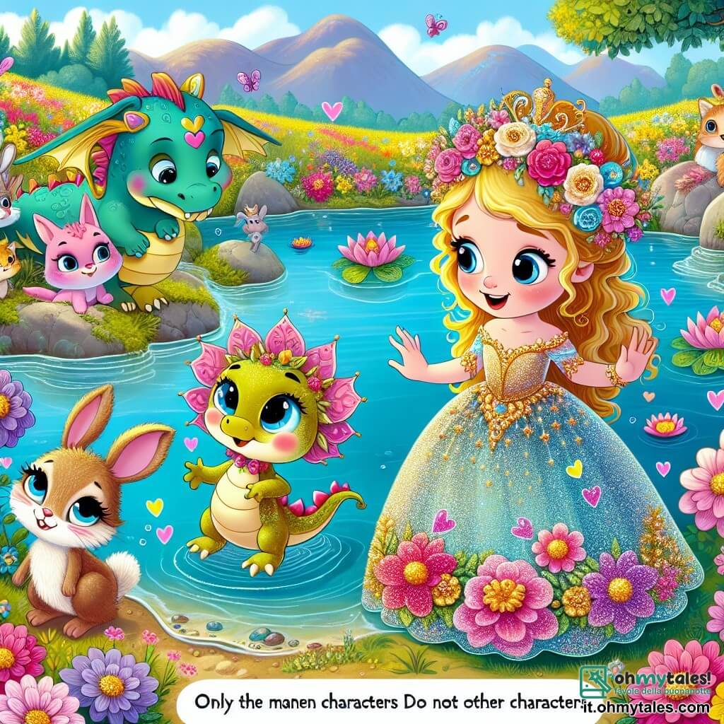 Une illustration sous forme de dessin destinée aux enfants représentant un lac cristallino entouré de fleurs colorées dans un royaume enchanté, où une princesse aux cheveux dorés et aux yeux bleus, vêtue d'une robe faite de pétales de fleurs scintillants, cherche un petit dragon aux oreilles en forme de cœur et à la queue serpentiforme, qui semble amusé et un peu inquiet, tandis qu'un groupe d'animaux, dont un coniglio aux grandes oreilles et un gattino aux yeux pétillants, les observe avec curiosité, tous unis dans une quête joyeuse pour retrouver le chapeau magique du dragon.