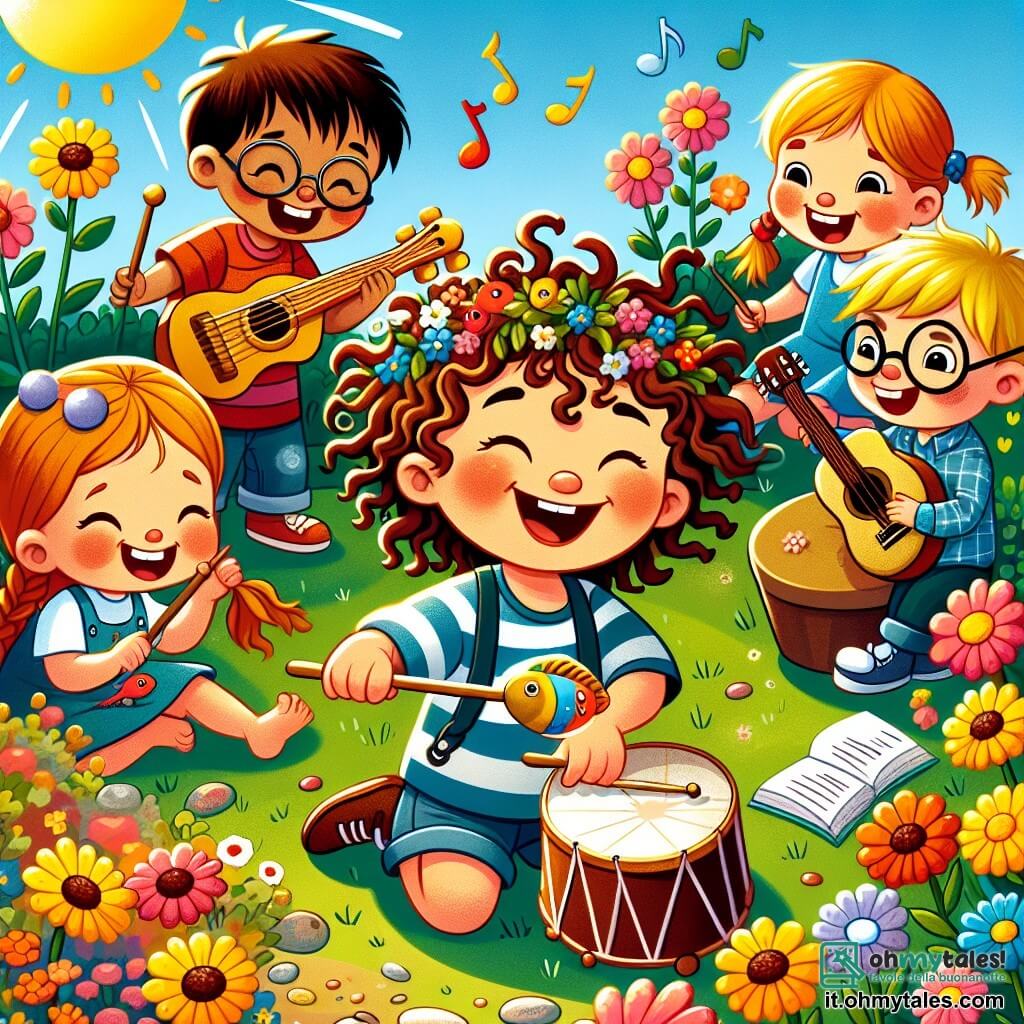 Une illustration sous forme de dessin destinée aux enfants représentant un jardin ensoleillé rempli de fleurs colorées, où un garçon de 5 ans aux cheveux bouclés et au sourire éclatant joue avec enthousiasme, tenant un ciondolo en forme de poisson dans une main, tandis qu'un groupe d'enfants, dont une fille aux cheveux longs tressés et un garçon aux lunettes rondes, l'entoure en riant, tous préparant un concert improvisé pour célébrer la fête des mères, avec un tambour, une guitare cassée et un flûte de plastique, créant une ambiance joyeuse et festive.