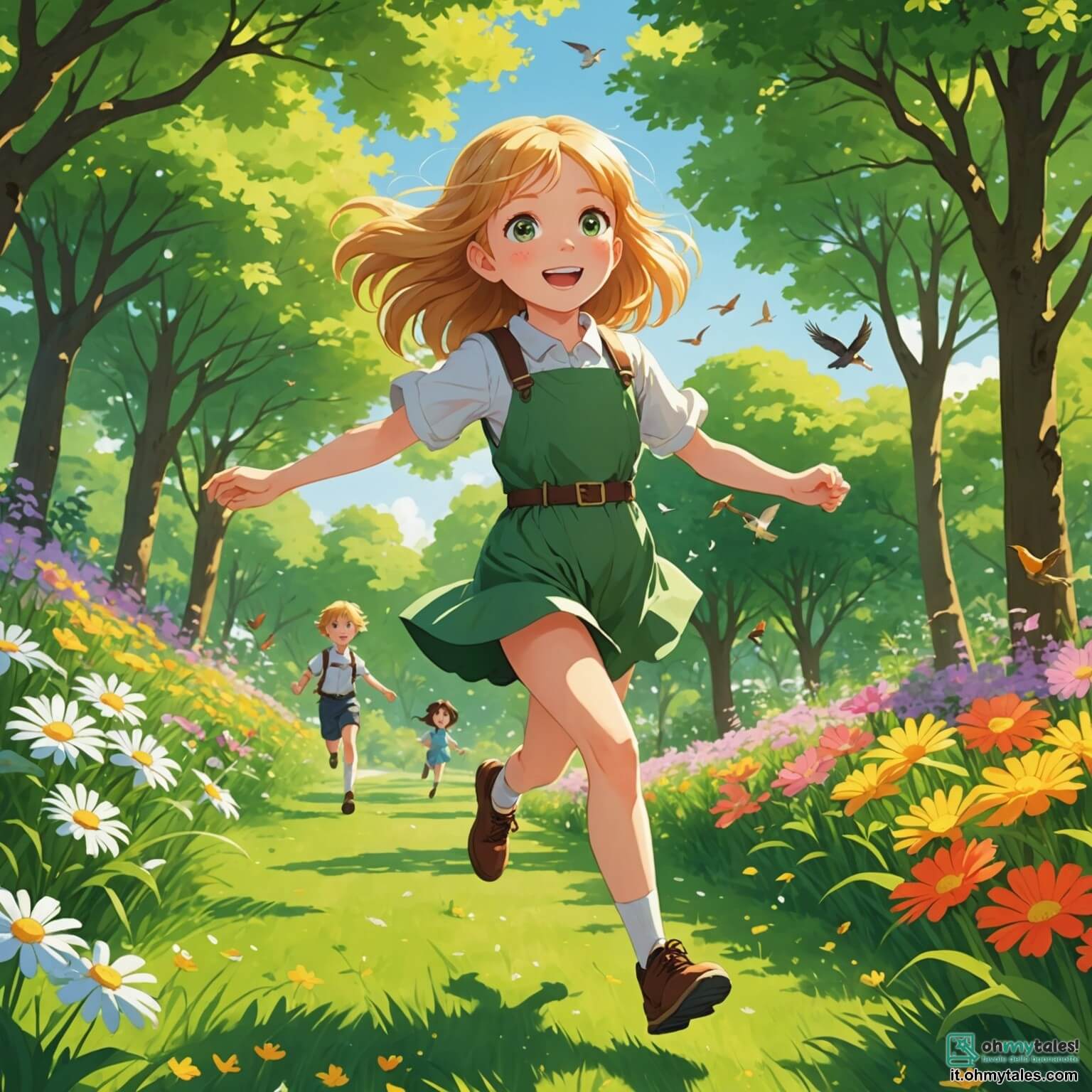 Une illustration destinée aux enfants représentant une petite fille aux cheveux dorés et aux yeux pétillants, courant joyeusement dans un parc verdoyant où les arbres sont en fleurs, les oiseaux chantent et les rayons du soleil dansent sur l'herbe fraîche, tout en tenant la main d'un garçon timide aux cheveux bruns qui l'accompagne dans sa quête de fleurs colorées pour créer un magnifique bouquet à offrir à une vieille dame au jardin fleuri et accueillant.