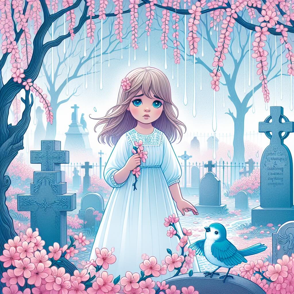 Une illustration destinée aux enfants représentant une jeune fille vêtue d'une robe blanche, debout dans un cimetière fleuri où les arbres pleurent des larmes de pétales roses, accompagnée d'un petit oiseau bleu qui chante doucement à ses côtés.