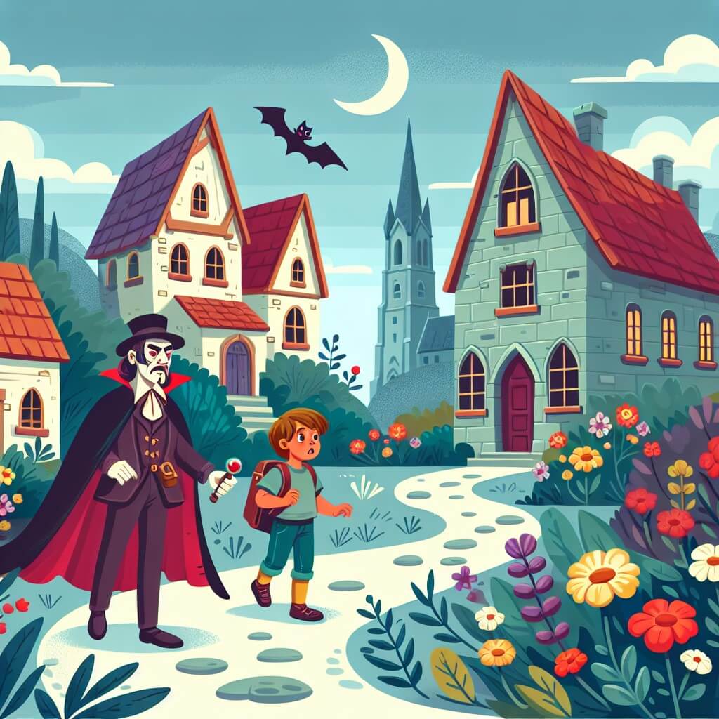 Une illustration destinée aux enfants représentant un vampire mystérieux découvrant un manoir abandonné, accompagné d'un jeune aventurier courageux, dans un paisible village aux maisons colorées et aux fleurs qui bordent le chemin.