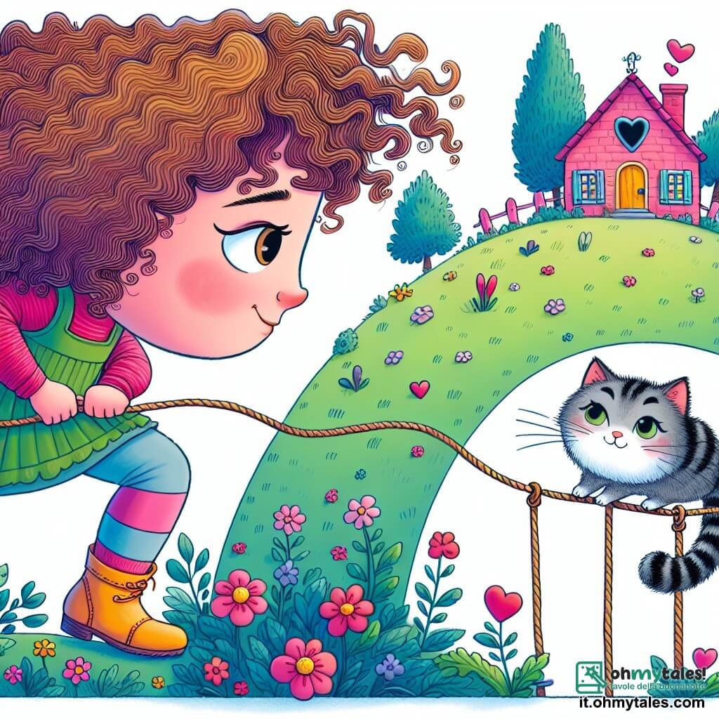 Une illustration destinée aux enfants représentant une petite fille aux boucles d'or, face à un défi impossible, accompagnée d'un chat malicieux, dans une maison colorée perchée au sommet d'une colline fleurie aux fenêtres en forme de cœurs.