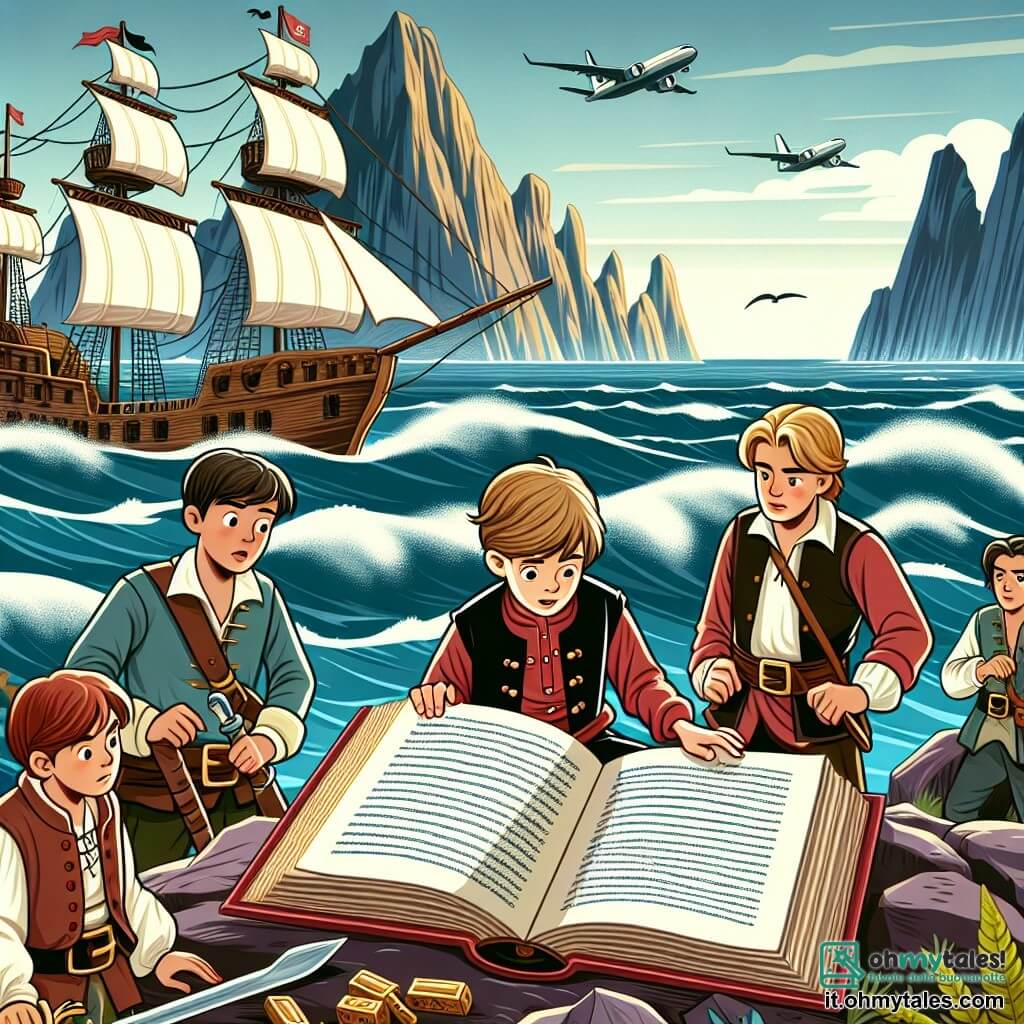 Une illustration destinée aux enfants représentant un jeune garçon courageux, capitaine d'une navire pirate, découvrant un mystérieux livre ancien contenant des indices menant à un trésor caché, accompagné de sa fidèle équipage, sur une île perdue entourée de falaises abruptes et d'une mer agitée.