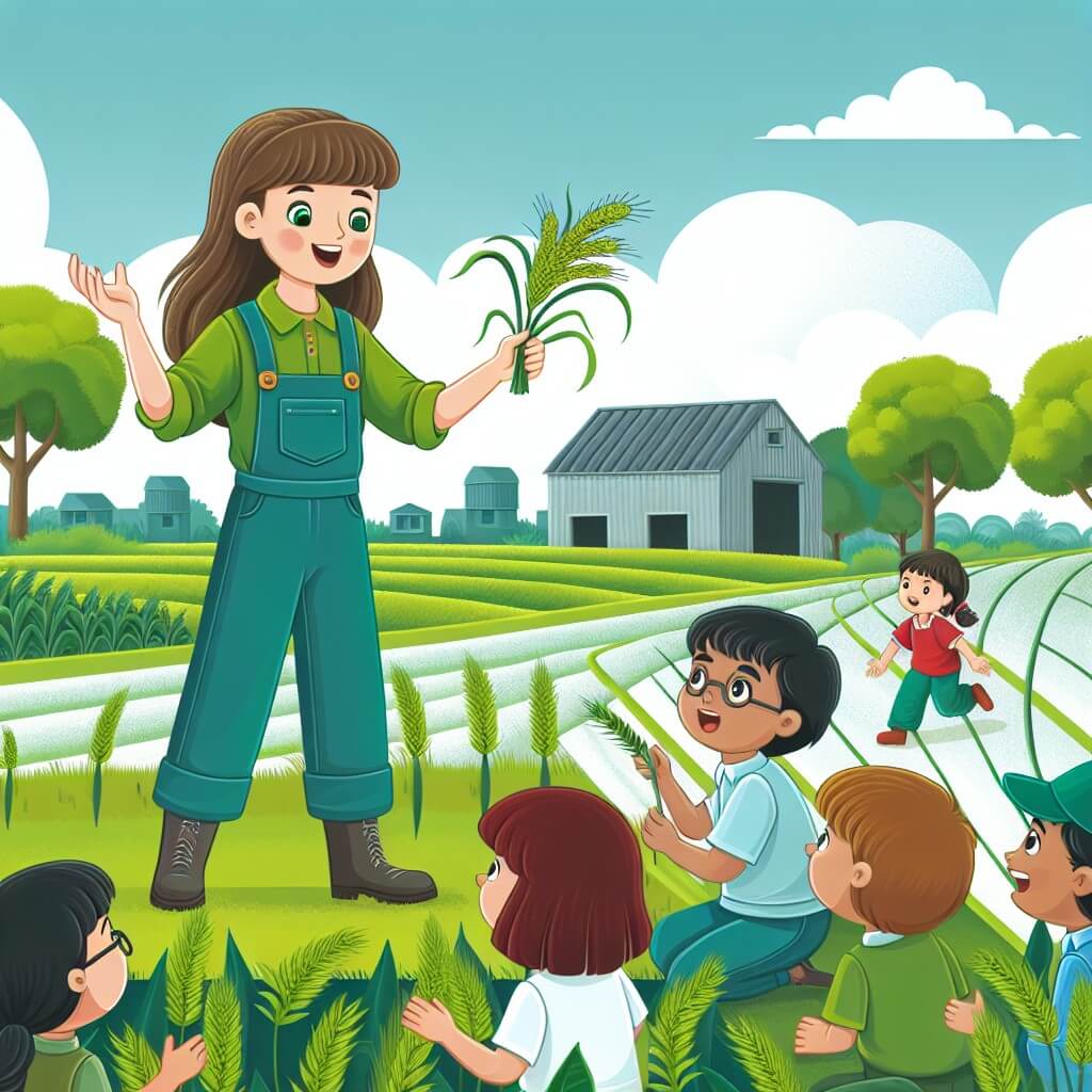 Une illustration destinée aux enfants représentant une jeune agricultrice, vêtue d'un pantalon de travail et d'une chemise verte, travaillant avec passion dans sa ferme entourée de champs verdoyants, tandis qu'un groupe d'enfants curieux l'observe avec admiration et émerveillement.