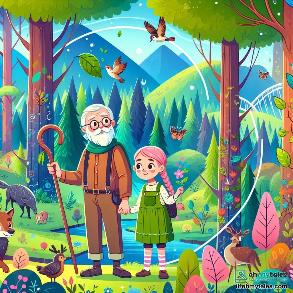 Une illustration destinée aux enfants représentant une fille passionnée par la nature, aidant à sauver une forêt menacée par la construction d'une nouvelle route, accompagnée d'un vieux gardien bienveillant, dans un bosco magique et coloré rempli d'arbres majestueux et d'animaux curieux.