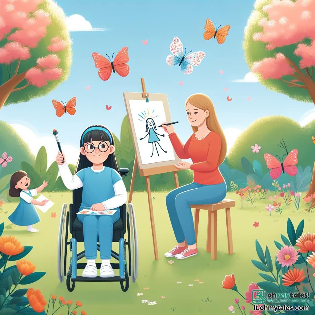 Une illustration destinée aux enfants représentant une fillette différente abile participant à une gara di disegno avec sa maman encourageante dans un parc ensoleillé aux arbres fleuris et aux papillons virevoltants.