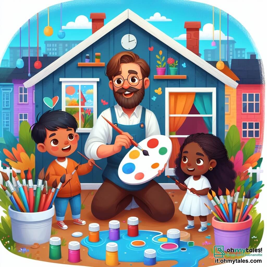 Une illustration destinée aux enfants représentant un homme artiste talentueux, partageant sa passion pour la peinture avec deux jeunes enfants curieux, dans une petite maison colorée située au bord de la ville, où les couleurs et la créativité enchantent chaque coin de la pièce.